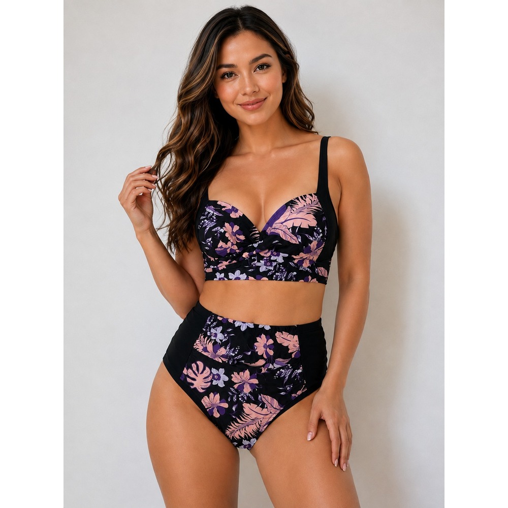 NWT Hanna Nikole Womens Large Bikini Set Black Floral High Waisted Swimwear
